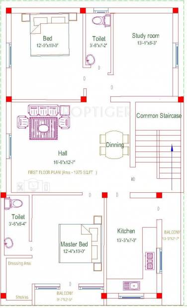 Real Tulip (2BHK+2T (1,075 sq ft)   Study Room 1075 sq ft)