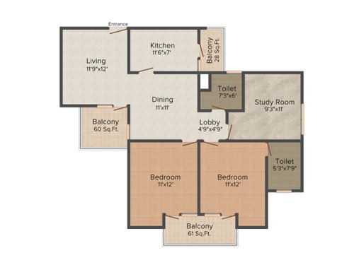 Vipul Gardens (2BHK+2T (1,362 sq ft)   Study Room 1362 sq ft)