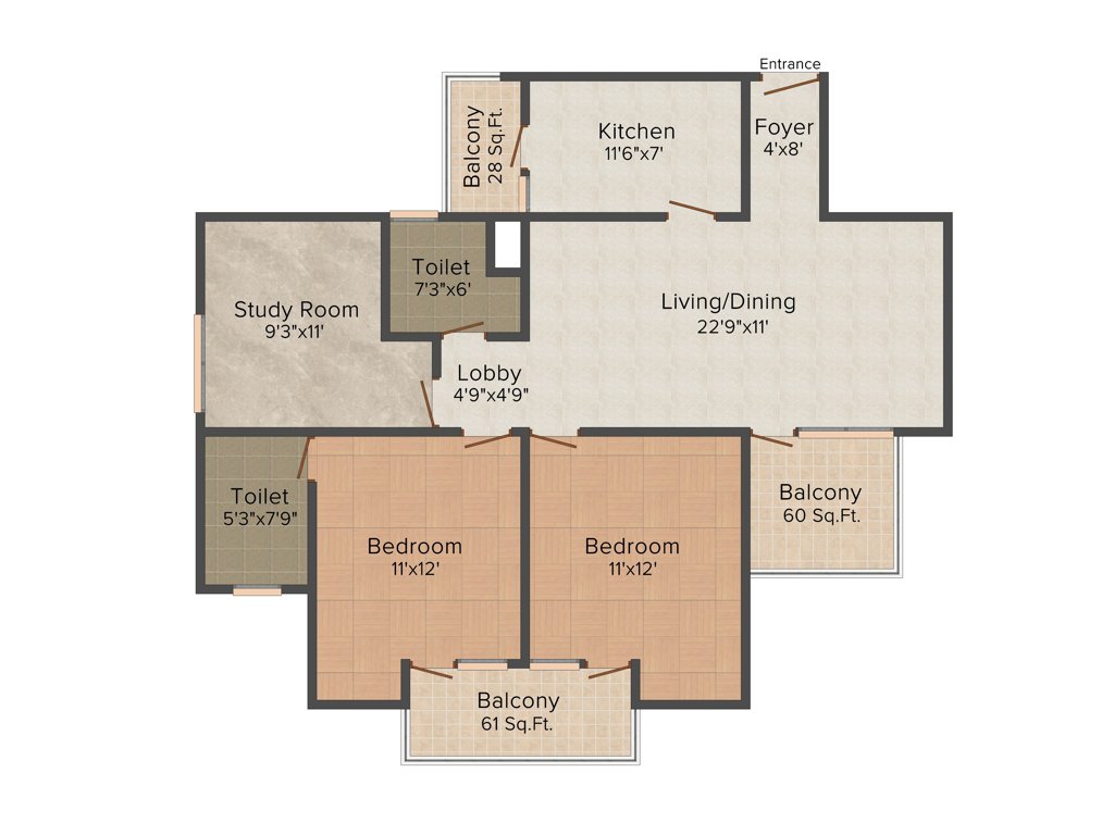 Vipul Gardens (2BHK+2T (1,393 sq ft)   Study Room 1393 sq ft)