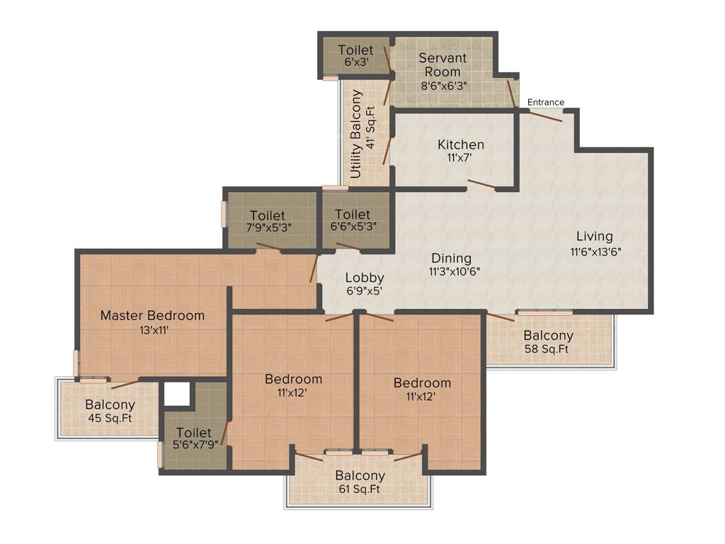 Vipul Gardens (3BHK+3T (1,738 sq ft)   Servant Room 1738 sq ft)