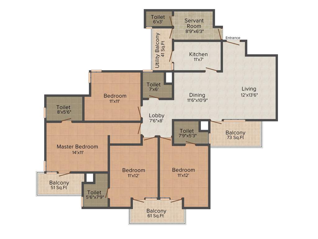 Vipul Gardens (4BHK+4T (2,093 sq ft)   Servant Room 2093 sq ft)