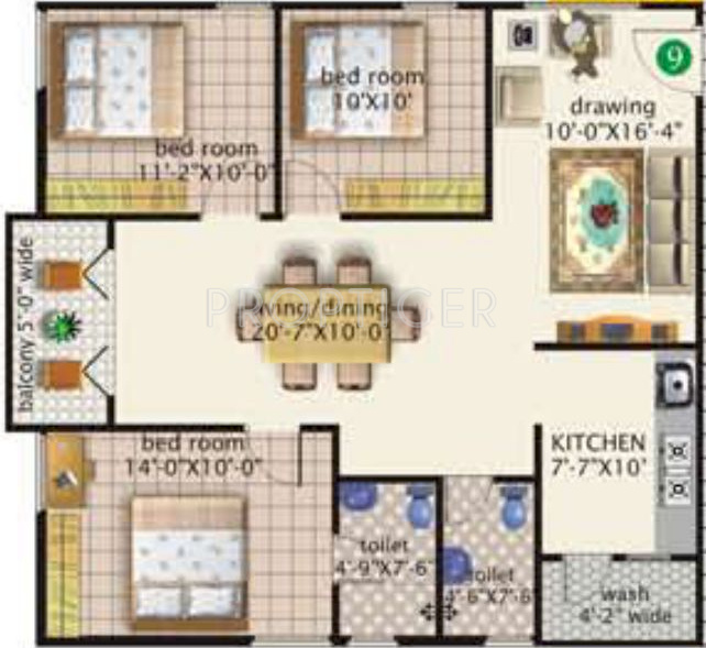 S K Projects Aster (3BHK+2T (1,275 sq ft) 1275 sq ft)