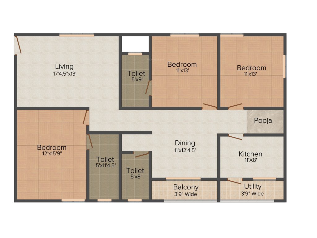 TNR Vaishnovi Sikhara 3BHK+3T (1,800 sq ft) + Pooja Room