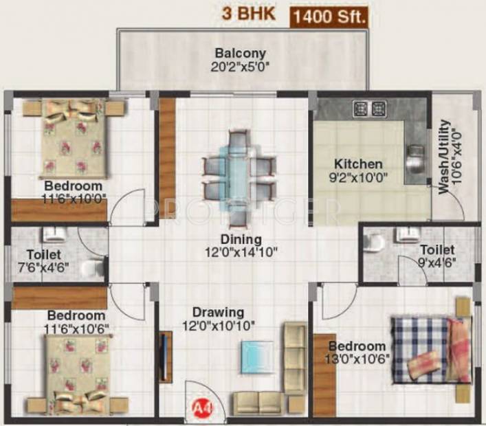 Hilife Pearl Shell (3BHK+3T (1,400 sq ft) 1400 sq ft)