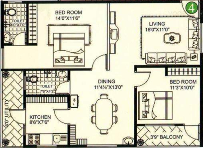 Satya Kalyan Krishna Kalyan Residency Floor Plan (2BHK+2T (1,000 sq ft) 1000 sq ft)