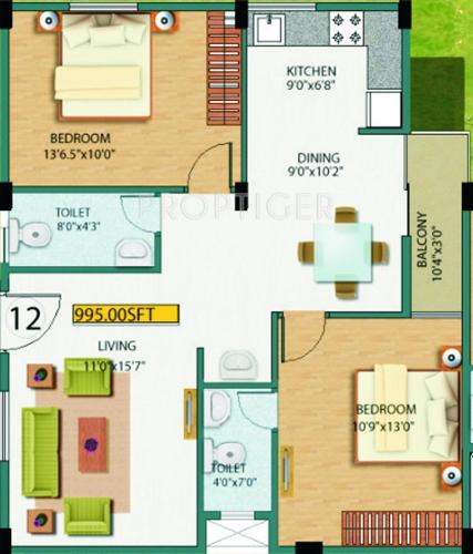 Gunina Jeno (2BHK+2T (995 sq ft) 995 sq ft)