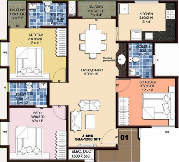 Confident Elite (3BHK+3T (1,260 sq ft) 1260 sq ft)