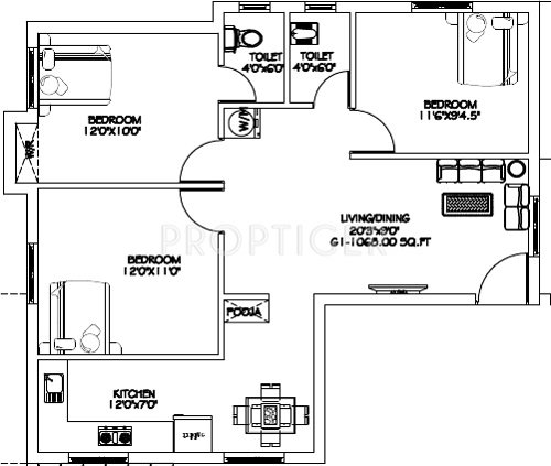 CC Arya (3BHK+2T (1,068 sq ft) 1068 sq ft)