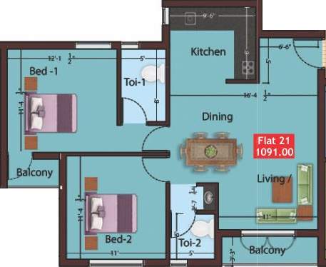 Ramani Coconut Grove (2BHK+2T (1,091 sq ft) 1091 sq ft)