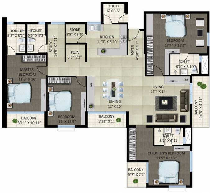 SJR Vogue Residences (4BHK+4T (2,632 sq ft) + Study Room 2632 sq ft)