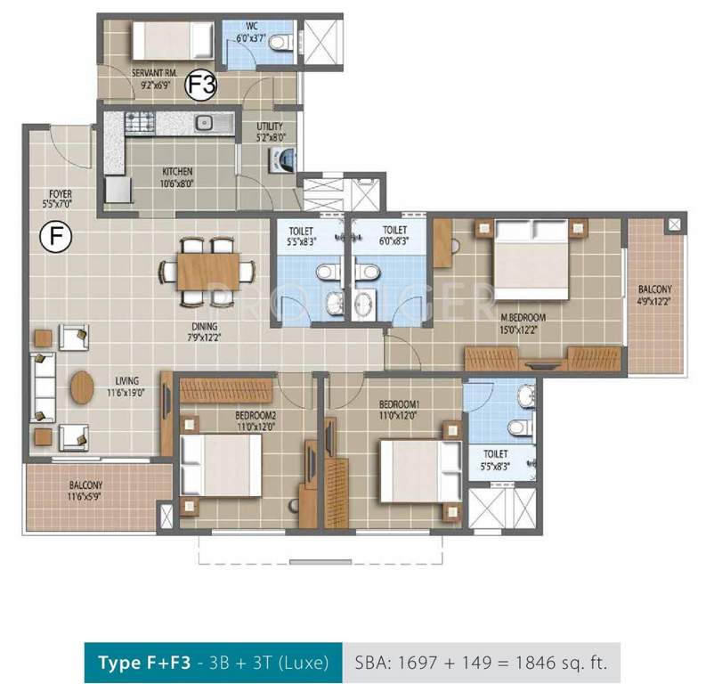 Purva Palm Beach (3BHK+3T (1,846 sq ft) + Servant Room 1846 sq ft)