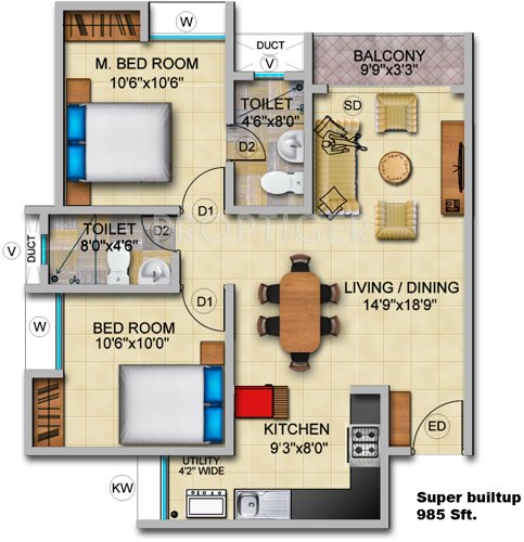 Gopalan Olympia (2BHK+2T (985 sq ft) 985 sq ft)
