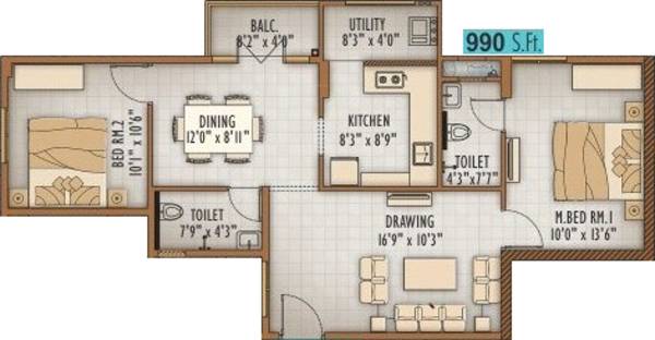 Marutham Akshaya (2BHK+2T (990 sq ft) 990 sq ft)