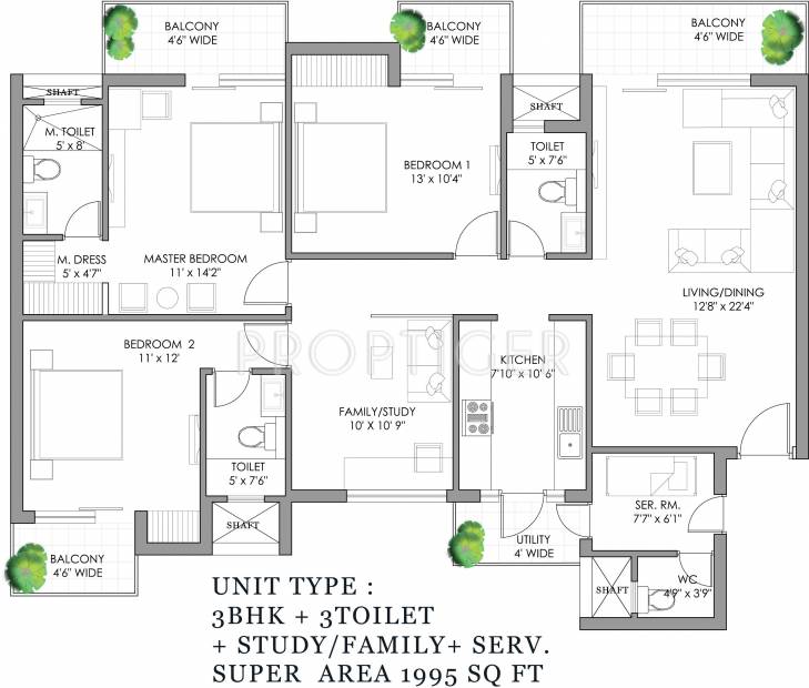 Lotus Arena (3BHK+3T (1,995 sq ft)   Study Room 1995 sq ft)