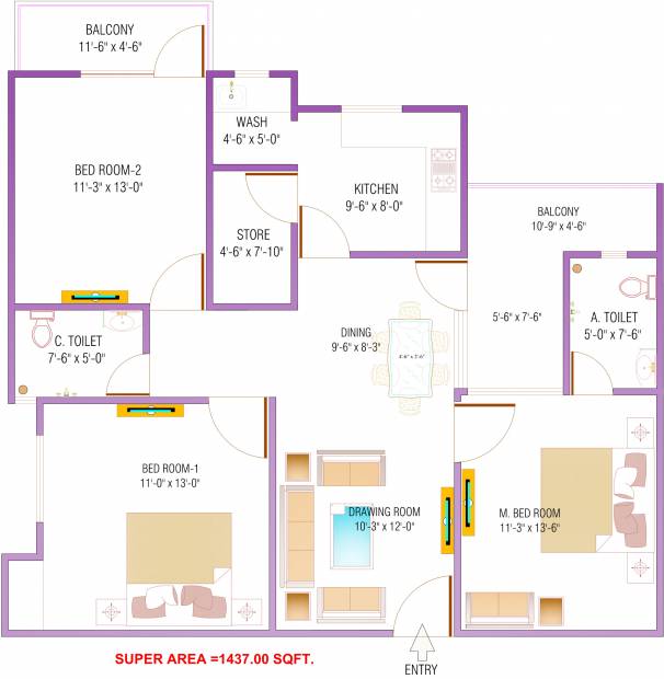 JSR Housing Ashoka City Floor Plan (3BHK+3T (1,437 sq ft) 1437 sq ft)