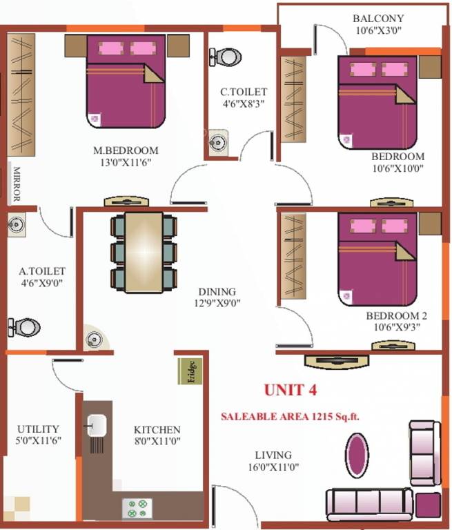 Asrithas Group Eeshan NZ Meadows Floor Plan (3BHK+2T (1,215 sq ft) 1215 sq ft)