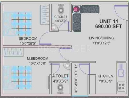 Prabhavathi Lotus (2BHK+2T (690 sq ft) 690 sq ft)