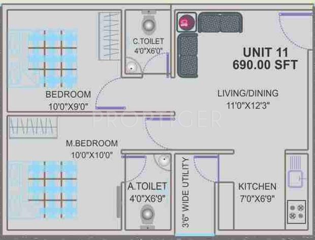 Prabhavathi Lotus (2BHK+2T (690 sq ft) 690 sq ft)