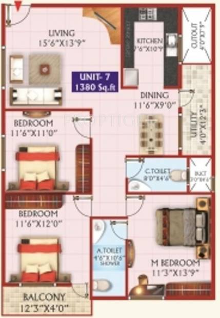 HSV Padmalaya Residency (3BHK+2T (1,380 sq ft) 1380 sq ft)