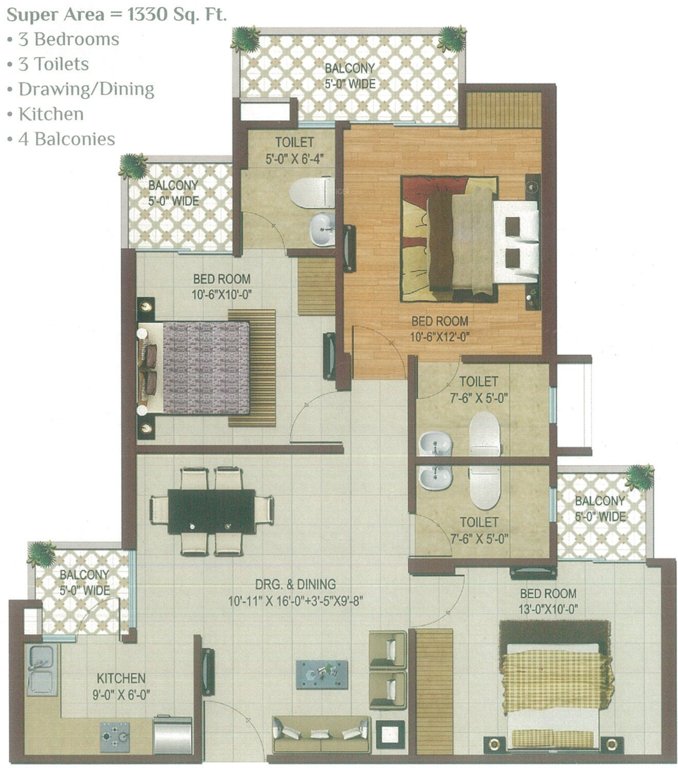 Color Homes (3BHK+3T (1,330 sq ft) 1330 sq ft)