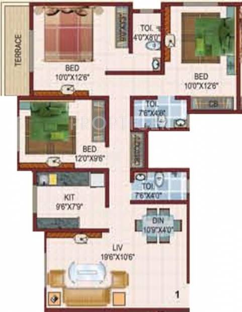 DV Kingston Tower Floor Plan (3BHK+3T)