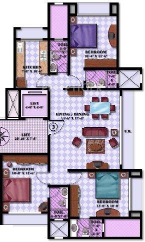Floor Plan (3BHK+4T) Lalani Lotus Park Floor Plan (3BHK+4T)