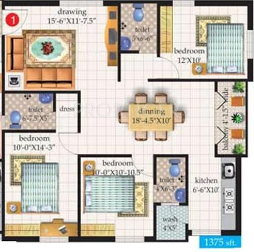 Wonder Blossoms (3BHK+2T (1,375 sq ft) 1375 sq ft)