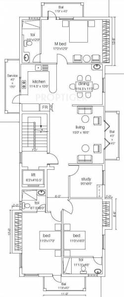 India Natraj Floor Plan (3BHK+3T + Study Room)
