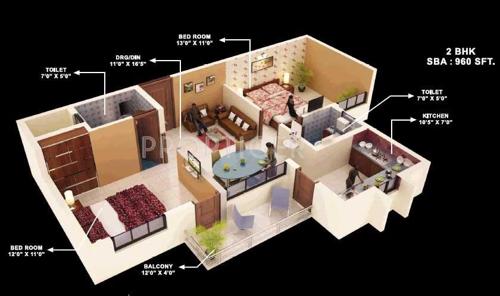 Trishakti Vaishno Sai Sarovar (2BHK+2T (960 sq ft) 960 sq ft)