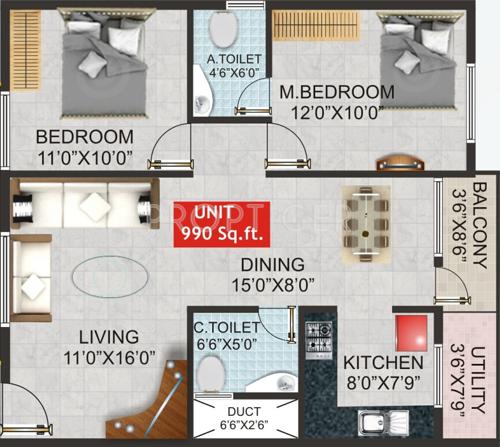 Shivaganga Opal (2BHK+2T (990 sq ft) 990 sq ft)