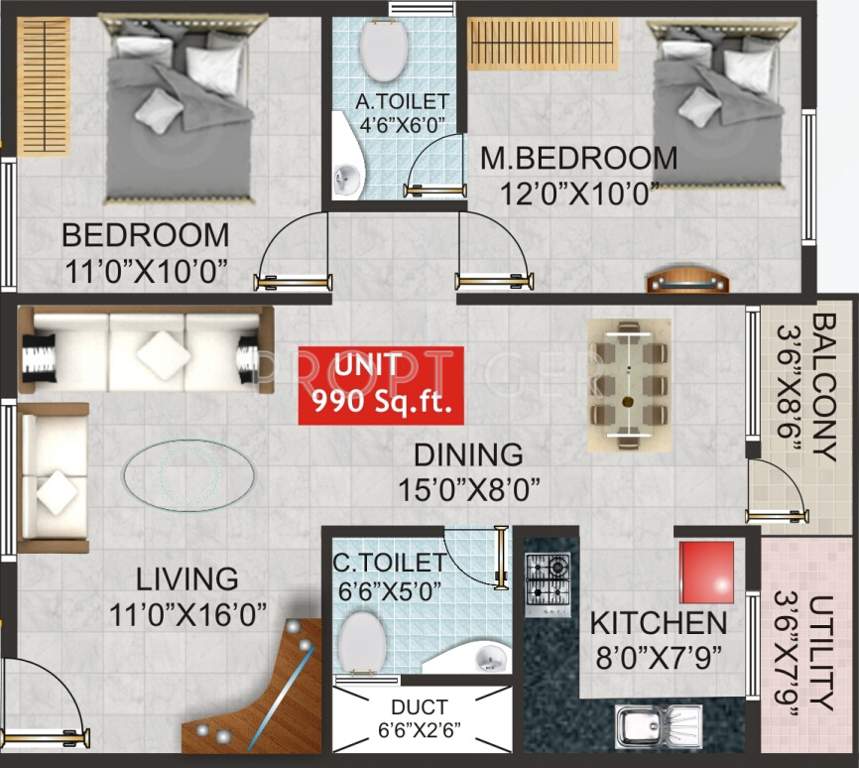 Shivaganga Opal (2BHK+2T (990 sq ft) 990 sq ft)