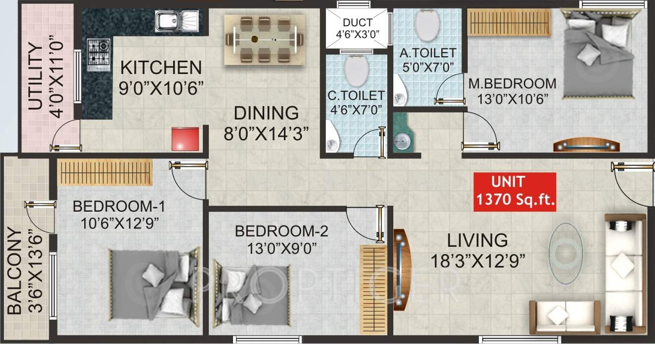 Shivaganga Opal (3BHK+2T (1,370 sq ft) 1370 sq ft)