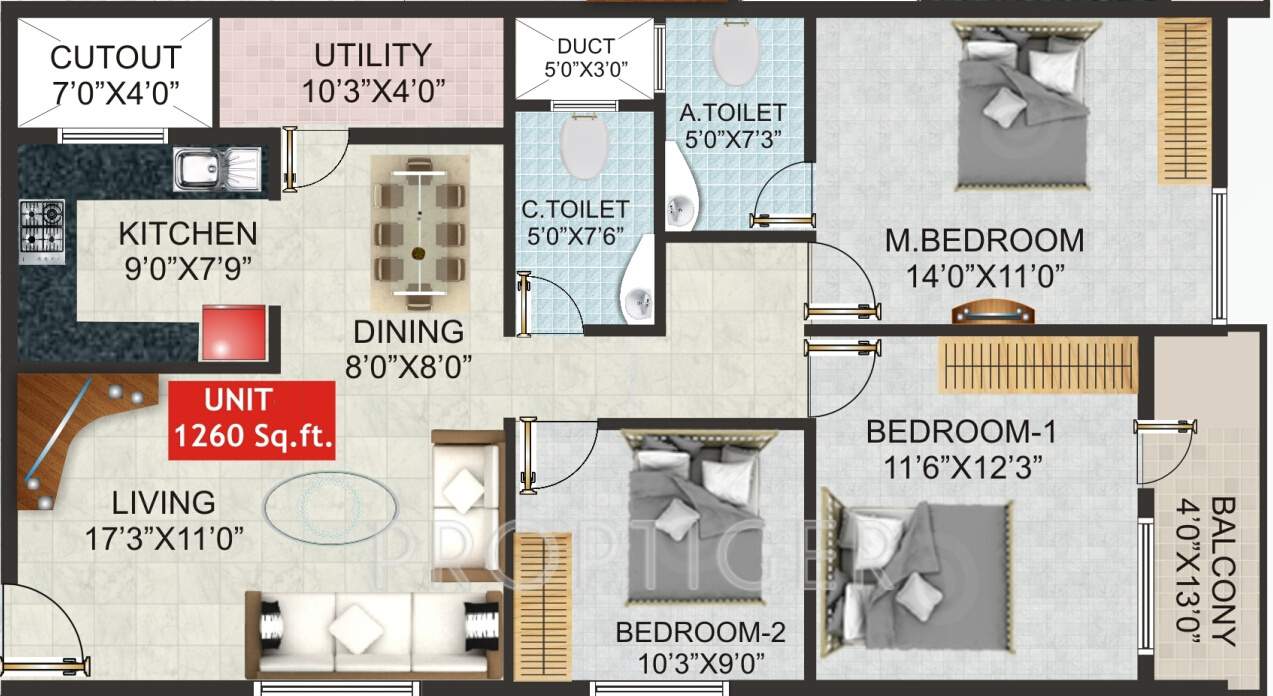 Shivaganga Opal (3BHK+2T (1,260 sq ft) 1260 sq ft)
