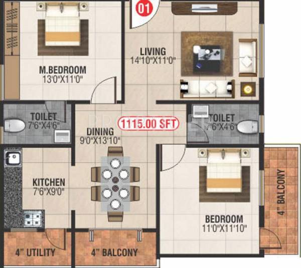 Abhee Daffodils (2BHK+2T (1,115 sq ft) 1115 sq ft)