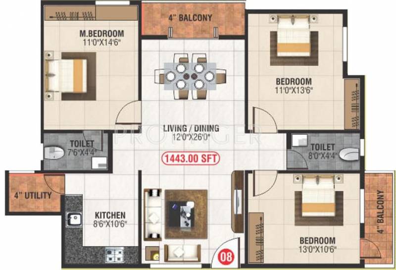 Abhee Daffodils (3BHK+3T (1,443 sq ft) 1443 sq ft)