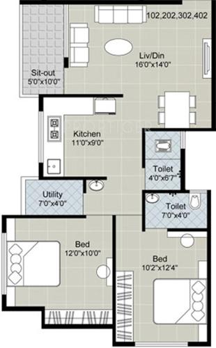 Gajra Megh Apartment (2BHK+2T (971 sq ft) 971 sq ft)