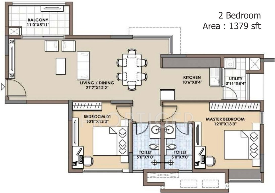 Fortius Waterscape (2BHK+2T (1,379 sq ft) 1379 sq ft)