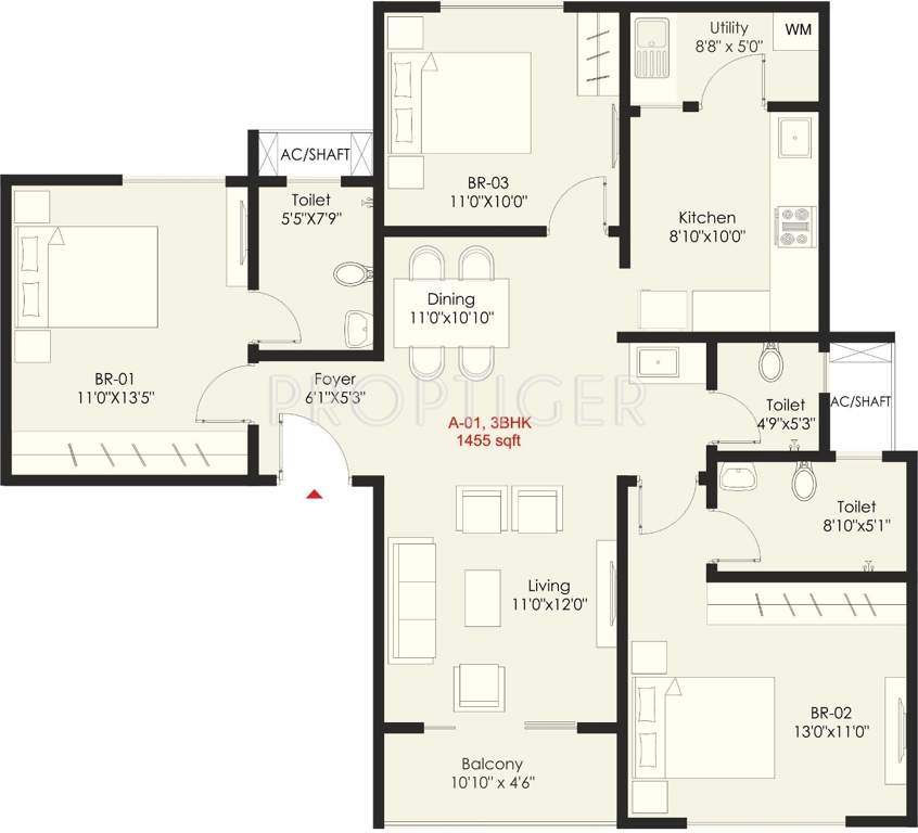 SNN Raj Grandeur (3BHK+3T (1,455 sq ft) 1455 sq ft)