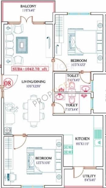 MBR Shangri La (2BHK+2T (1,042 sq ft) 1042 sq ft)