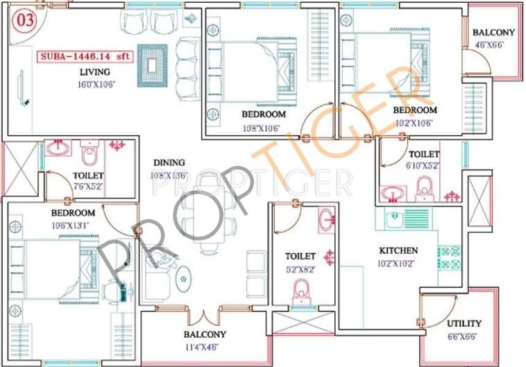 MBR Shangri La (3BHK+3T (1,446 sq ft) 1446 sq ft)