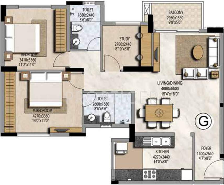 Prestige Misty Waters (2BHK+2T (1,333 sq ft) + Study Room 1333 sq ft)