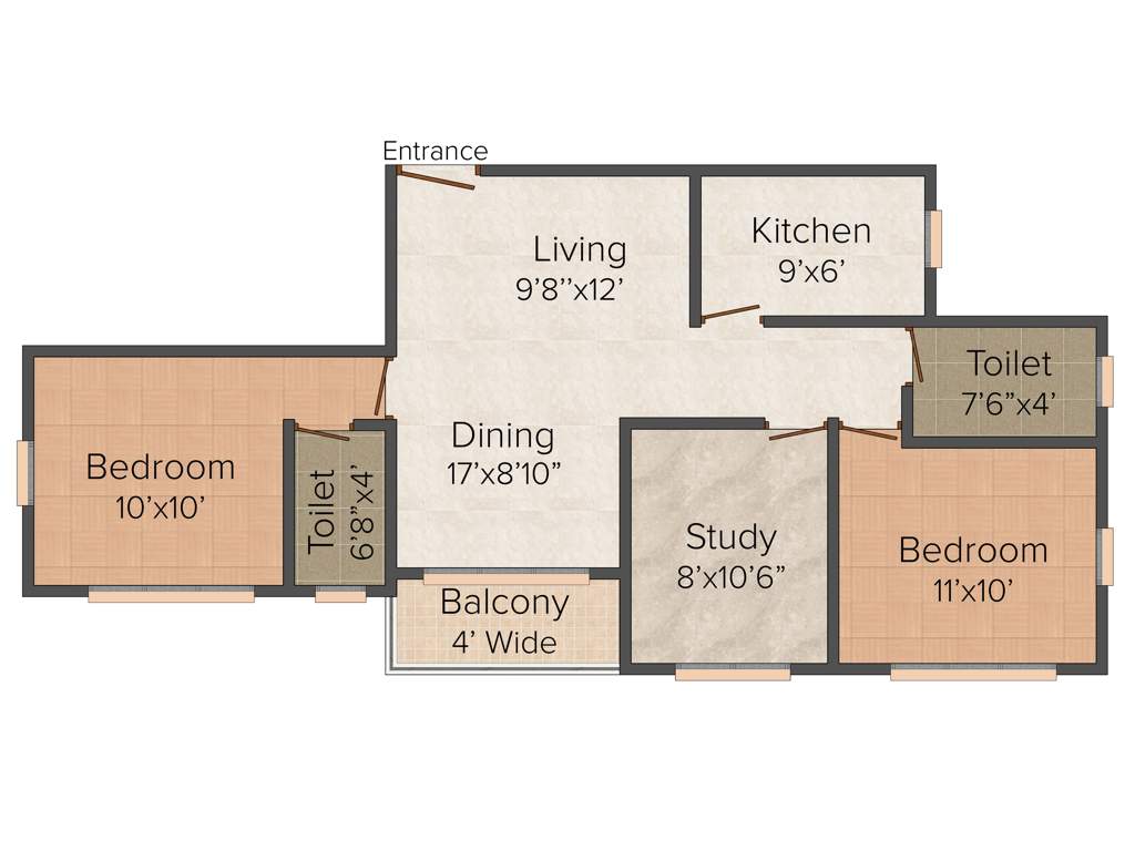 Jain Group Dream Eco City 2BHK+2T (1,045 sq ft) + Study Room