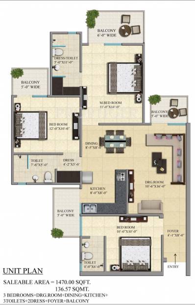 Gaursons 1st Avenue (3BHK+3T (1,470 sq ft) 1470 sq ft)