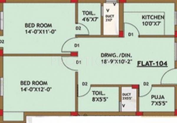Ansu Infra Binodini Complex Floor Plan (2BHK+2T + Pooja Room)