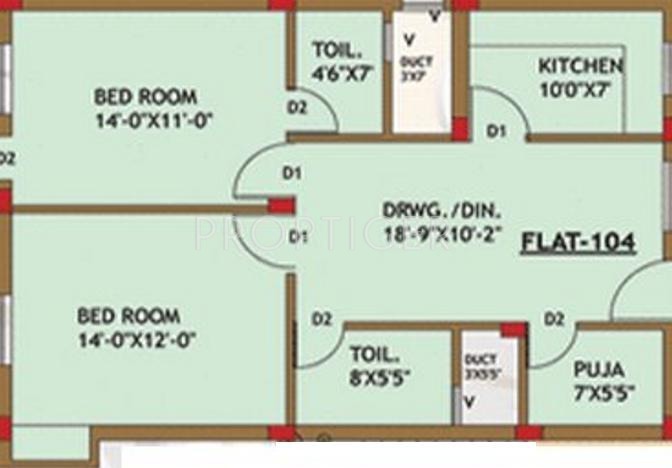Ansu Infra Binodini Complex Floor Plan (2BHK+2T + Pooja Room)