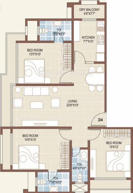 DV Fressia II Floor Plan (3BHK+3T)