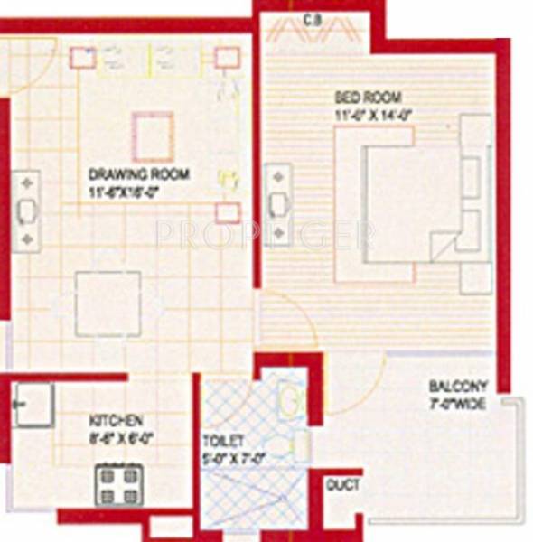 Floor Plan (1BHK+1T) Bajwa Developers Unique Towers Aujla Floor Plan (1BHK+1T)