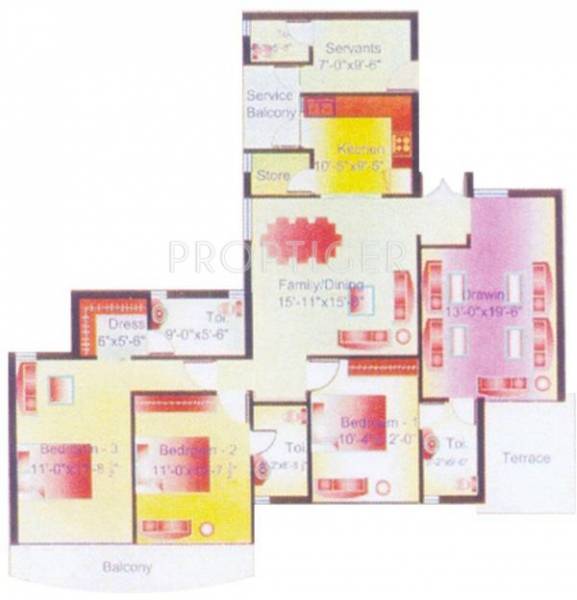 Floor Plan (3BHK+3T + Servant Room) Bajwa Developers Unique Towers Aujla Floor Plan (3BHK+3T + Servant Room)