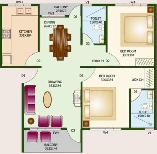 Ambady Green Meadows Apartment (2BHK+2T (1,020 sq ft) 1020 sq ft)