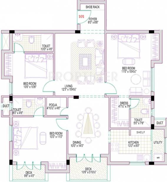 Acchyuthan Sai Sabari Floor Plan (3BHK+3T + Pooja Room)